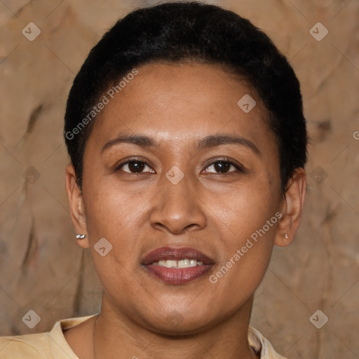 Joyful latino young-adult female with short  brown hair and brown eyes