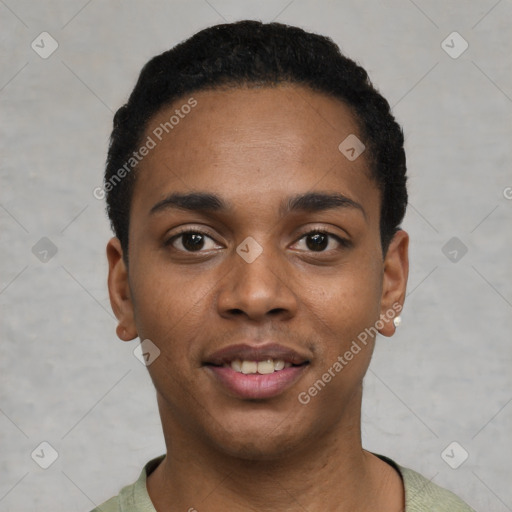 Joyful black young-adult male with short  black hair and brown eyes