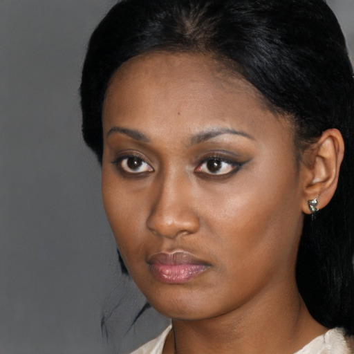 Neutral black young-adult female with medium  brown hair and brown eyes