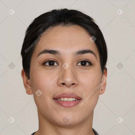 Joyful asian young-adult female with short  black hair and brown eyes