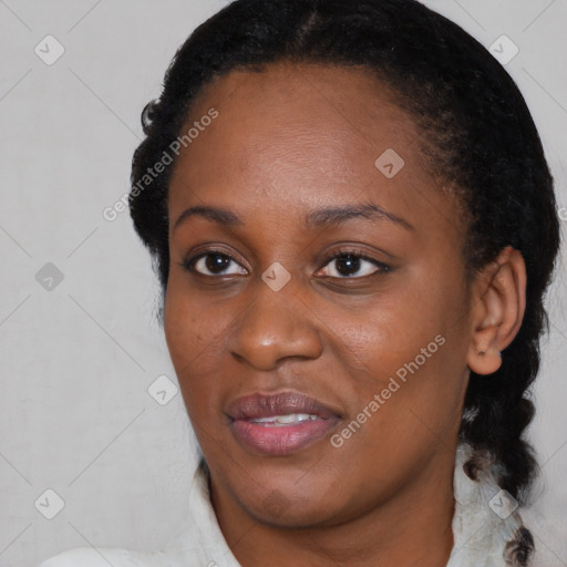 Joyful black young-adult female with medium  black hair and brown eyes