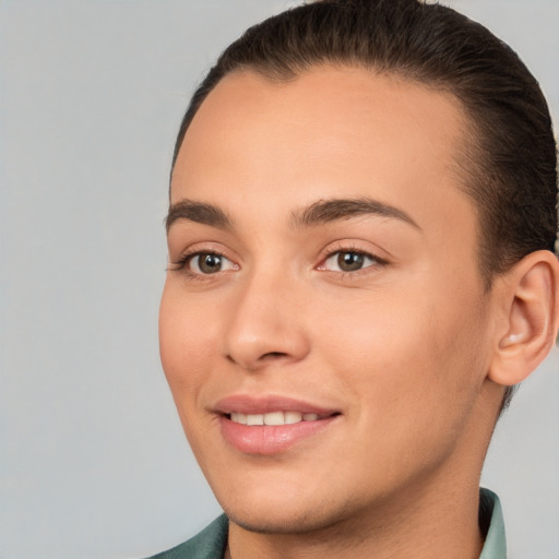 Joyful white young-adult female with short  brown hair and brown eyes