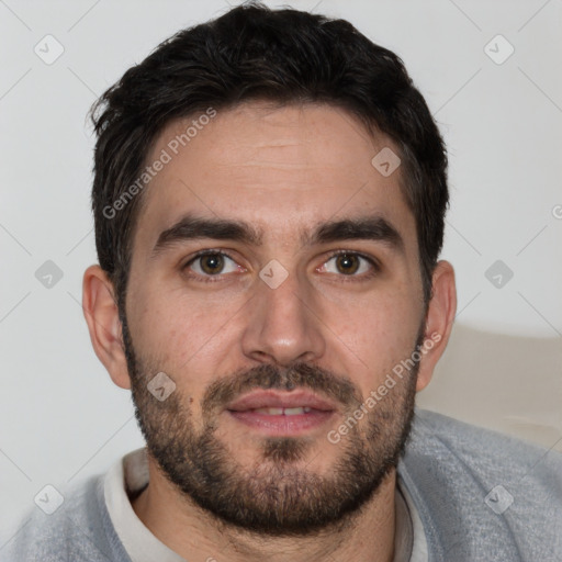 Neutral white young-adult male with short  brown hair and brown eyes