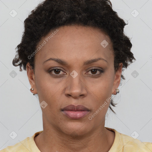 Neutral black adult female with short  brown hair and brown eyes