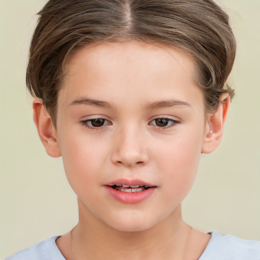 Joyful white child female with short  brown hair and brown eyes