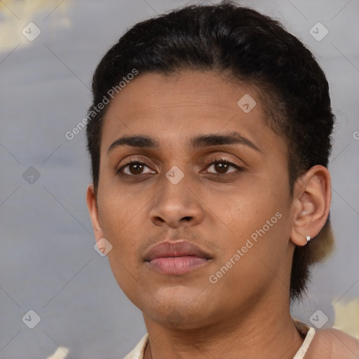 Neutral latino young-adult female with short  brown hair and brown eyes