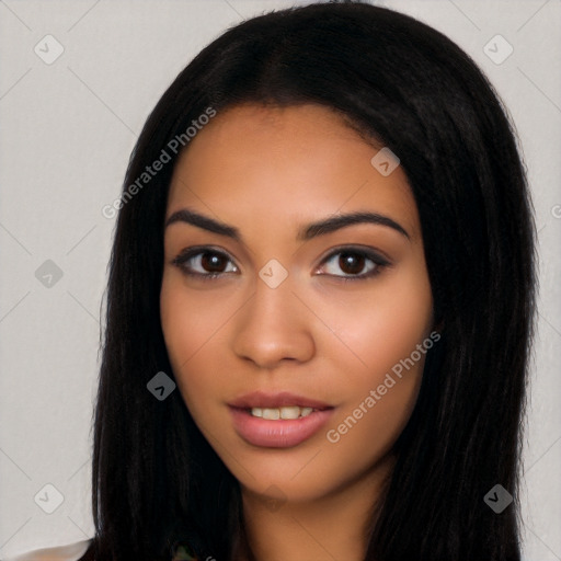 Neutral latino young-adult female with long  black hair and brown eyes