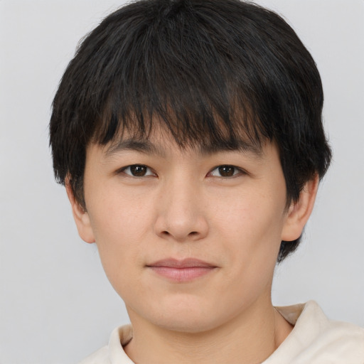 Neutral asian young-adult male with short  brown hair and brown eyes