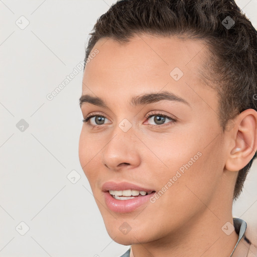 Joyful white young-adult female with short  brown hair and brown eyes