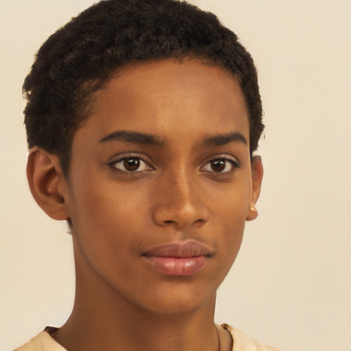 Neutral black young-adult female with short  brown hair and brown eyes