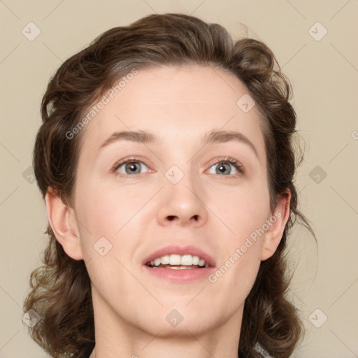 Joyful white young-adult female with medium  brown hair and green eyes