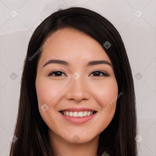 Joyful white young-adult female with long  black hair and brown eyes