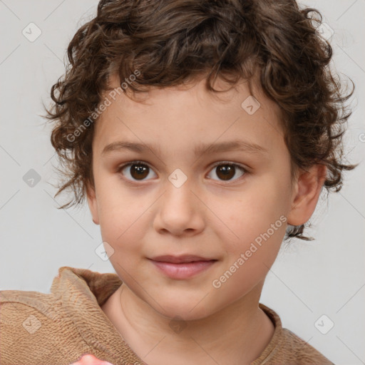 Joyful white child female with short  brown hair and brown eyes