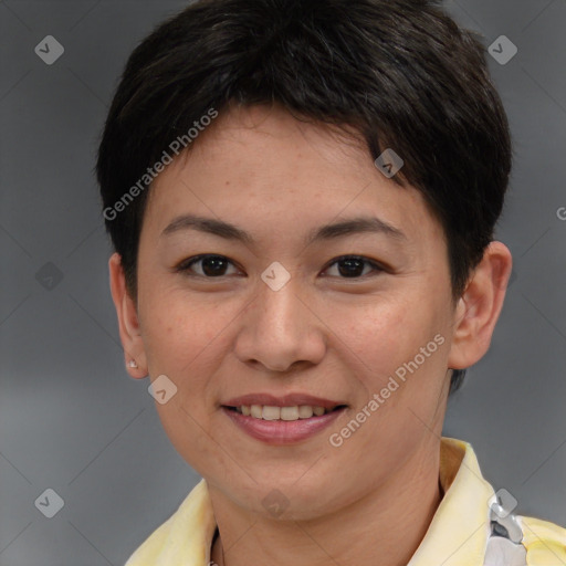 Joyful white young-adult female with short  brown hair and brown eyes