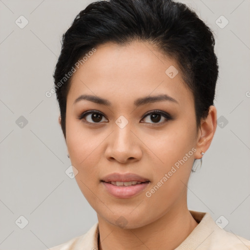 Joyful asian young-adult female with short  brown hair and brown eyes