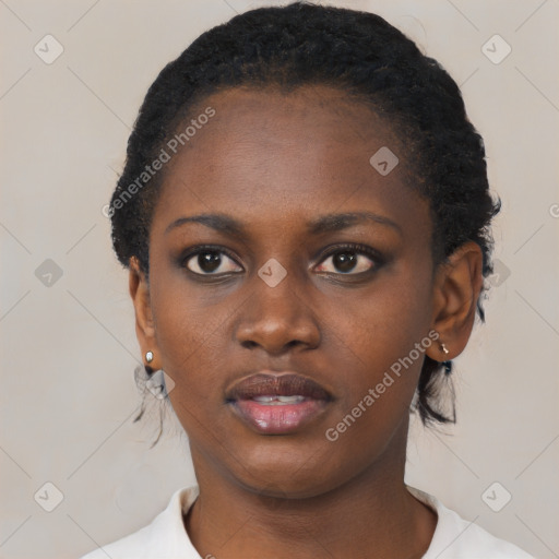 Neutral black young-adult female with short  black hair and brown eyes