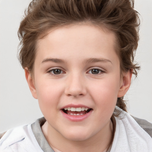 Joyful white child female with short  brown hair and brown eyes