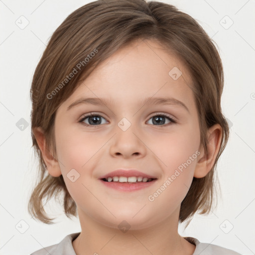 Joyful white child female with medium  brown hair and grey eyes