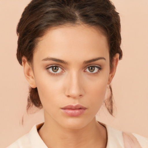 Neutral white young-adult female with medium  brown hair and brown eyes