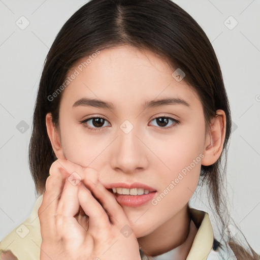 Neutral white young-adult female with medium  brown hair and brown eyes