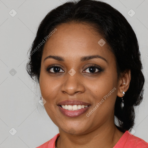 Joyful black young-adult female with medium  brown hair and brown eyes