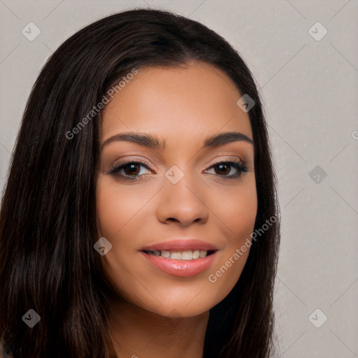 Joyful latino young-adult female with long  brown hair and brown eyes