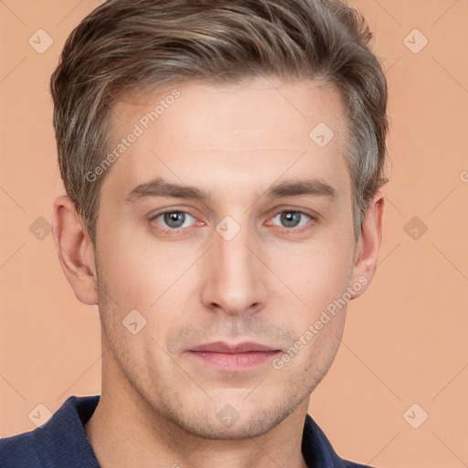 Neutral white young-adult male with short  brown hair and brown eyes