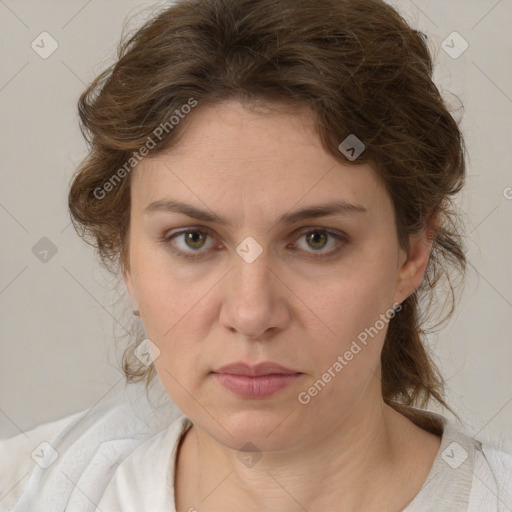 Neutral white young-adult female with medium  brown hair and brown eyes