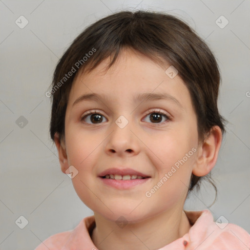 Joyful white child female with medium  brown hair and brown eyes