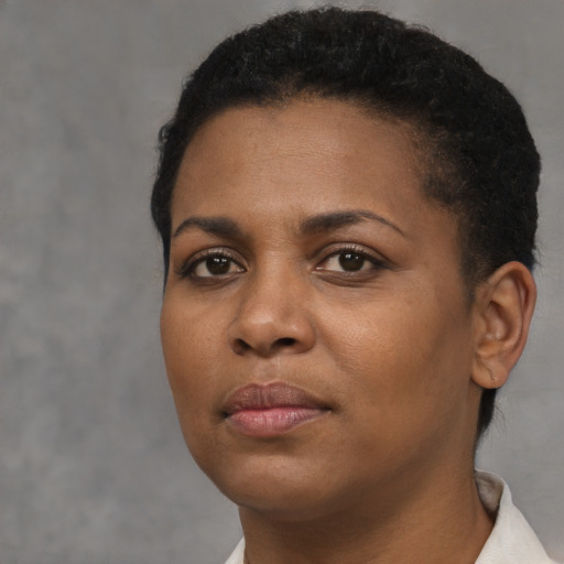 Neutral black young-adult female with short  brown hair and brown eyes