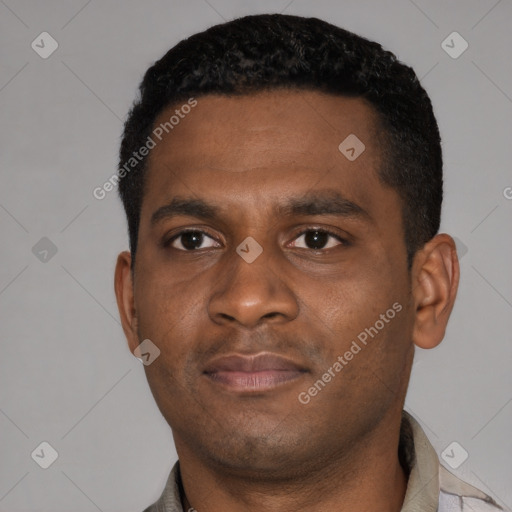Neutral black young-adult male with short  black hair and brown eyes