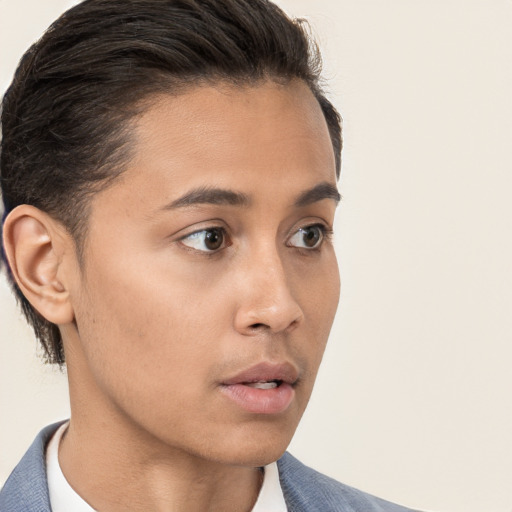 Neutral white young-adult female with short  brown hair and brown eyes