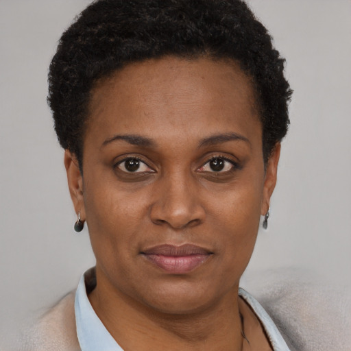 Joyful black young-adult female with short  brown hair and brown eyes