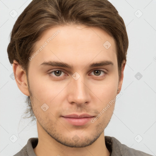 Neutral white young-adult male with short  brown hair and grey eyes