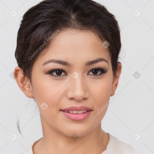 Joyful asian young-adult female with short  brown hair and brown eyes