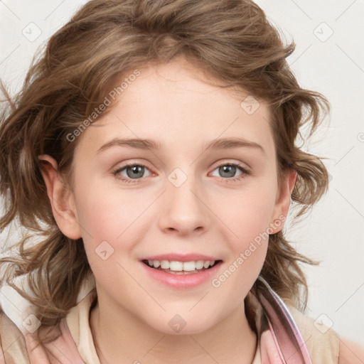 Joyful white child female with medium  brown hair and blue eyes