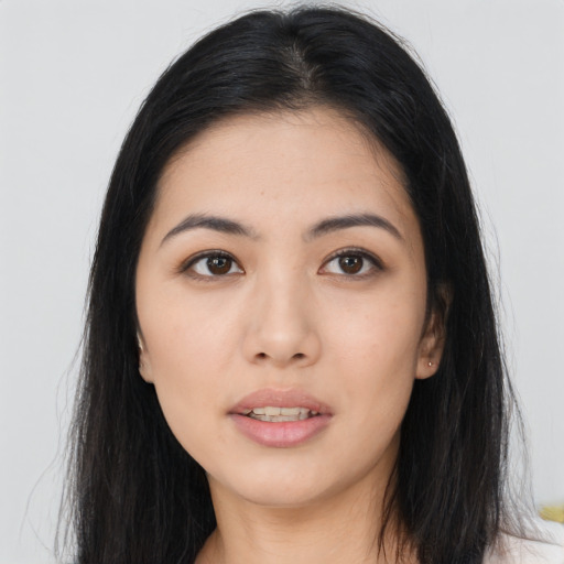 Neutral asian young-adult female with long  black hair and brown eyes