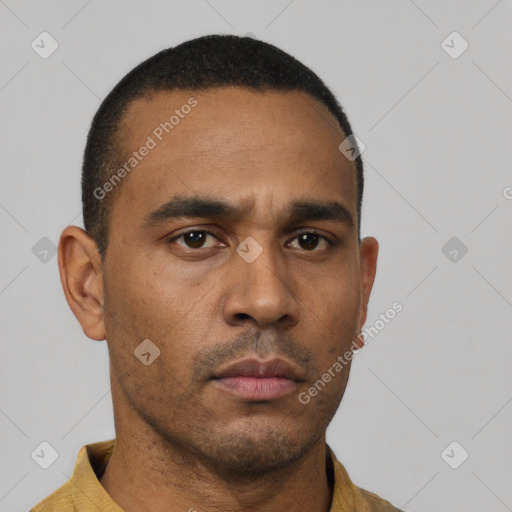 Neutral latino young-adult male with short  black hair and brown eyes