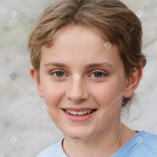 Joyful white child female with medium  brown hair and grey eyes