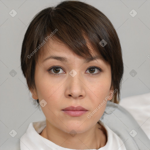 Neutral white young-adult female with medium  brown hair and brown eyes