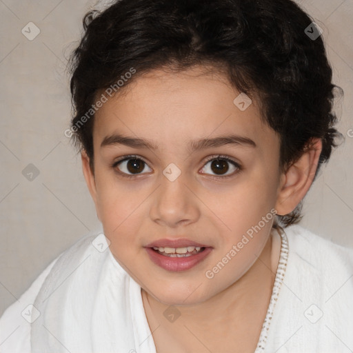 Joyful white child female with medium  brown hair and brown eyes