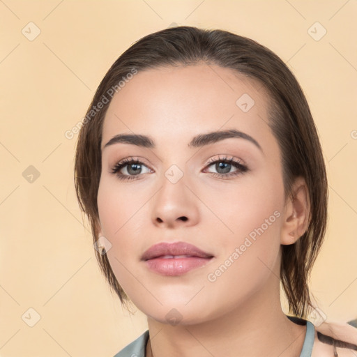 Neutral white young-adult female with medium  brown hair and brown eyes