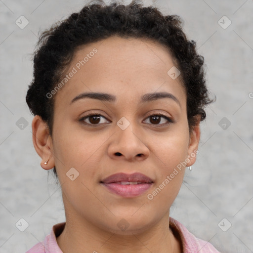 Joyful latino young-adult female with short  brown hair and brown eyes