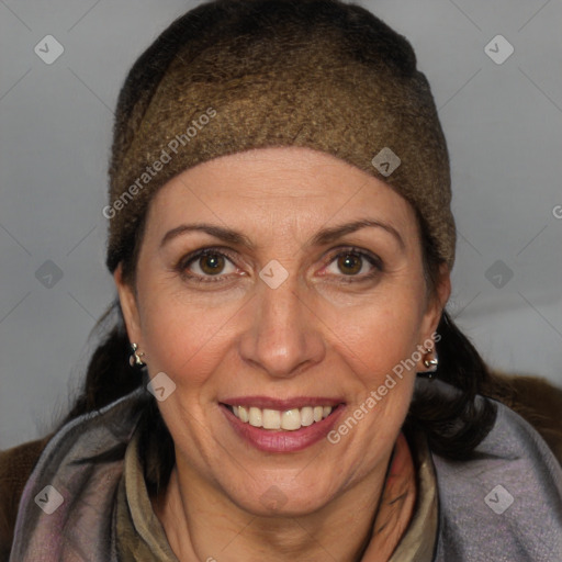 Joyful white adult female with short  brown hair and brown eyes