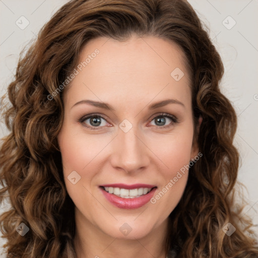 Joyful white young-adult female with long  brown hair and green eyes