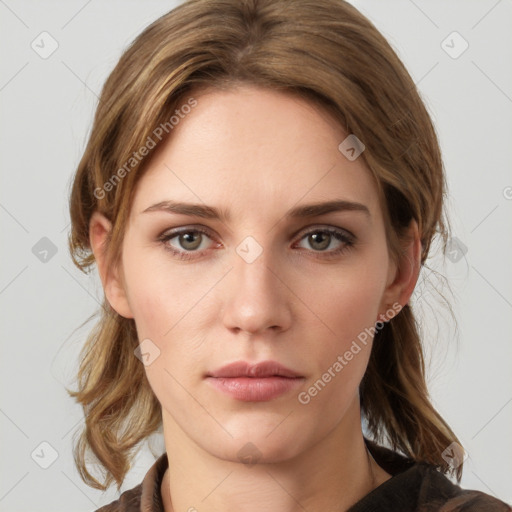 Neutral white young-adult female with medium  brown hair and grey eyes