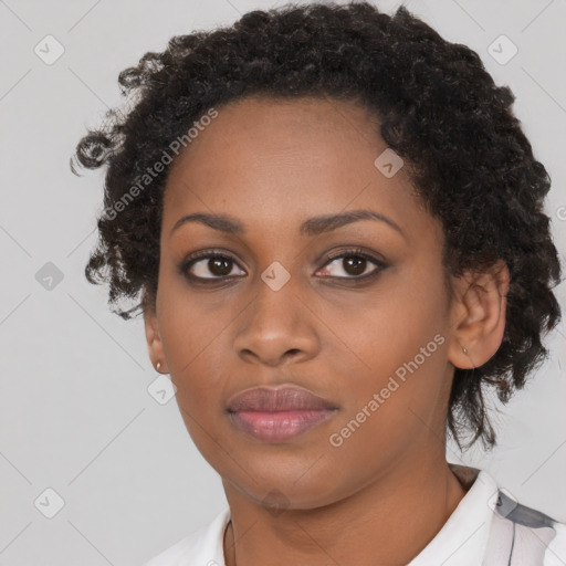 Neutral black young-adult female with short  black hair and brown eyes