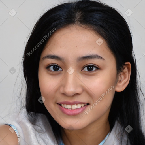 Joyful asian young-adult female with medium  black hair and brown eyes