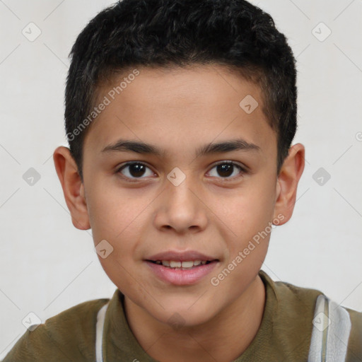 Joyful white child male with short  brown hair and brown eyes