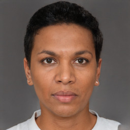 Neutral black young-adult female with short  black hair and brown eyes
